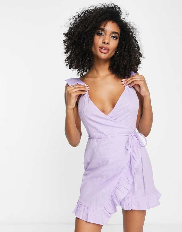 River Island ruffle shoulder wrap mini dress in purple