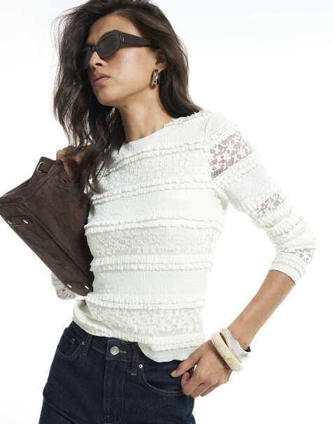 River Island Ruffle textured lace top in cream - view 1