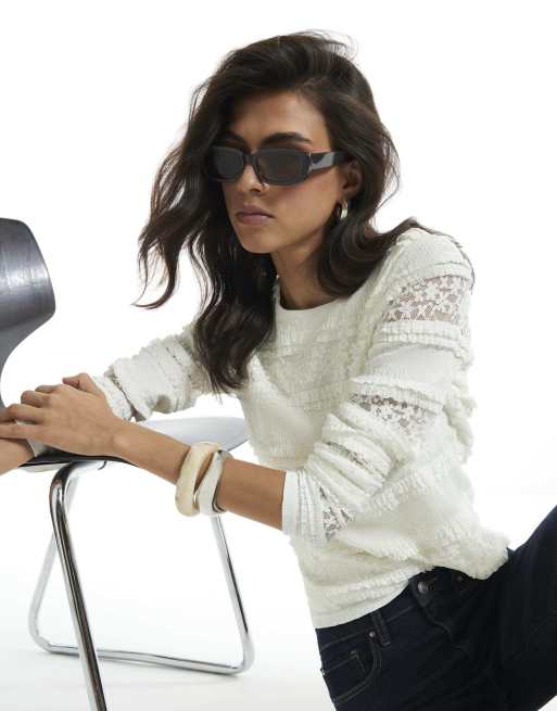 River Island Ruffle textured lace top in cream, 3 of 4