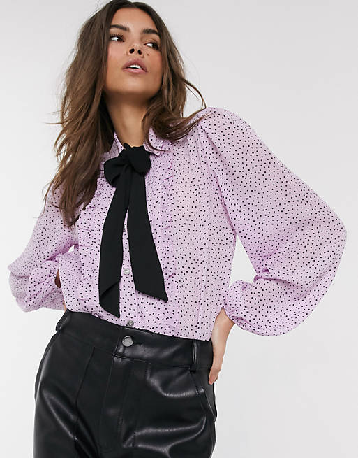River Island ruffle trim printed blouse in pink | ASOS
