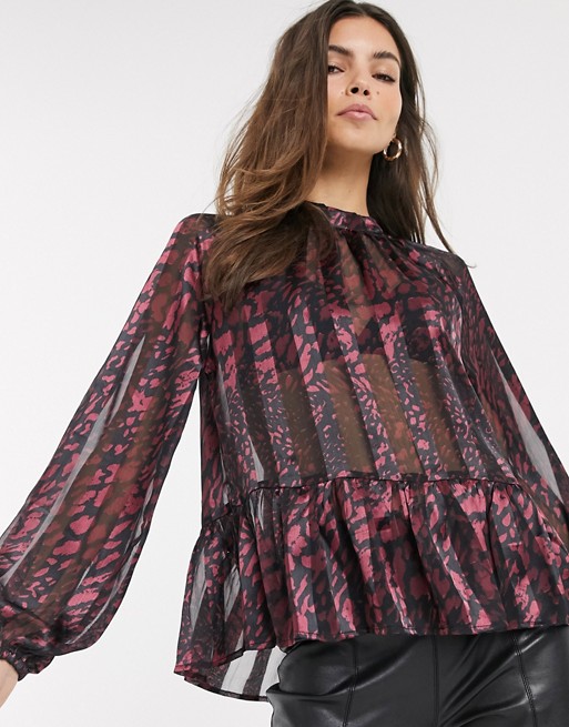 River Island ruffled blouse in red print