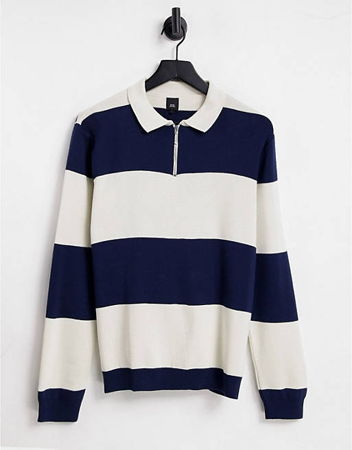  River Island rugby block polo in blue stripe 