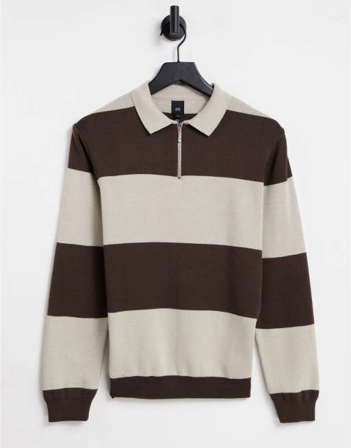 River Island - Rugby-polo med farveblokke i stribet brun