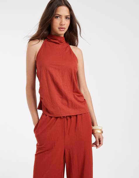 River Island - Rustfarvet top med halterneck i hørlook - Del af sæt - view 1