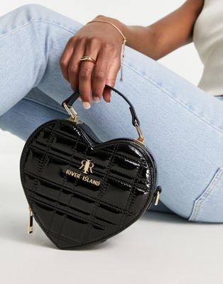 River Island quilted heart cross body bag in black - ASOS Price Checker