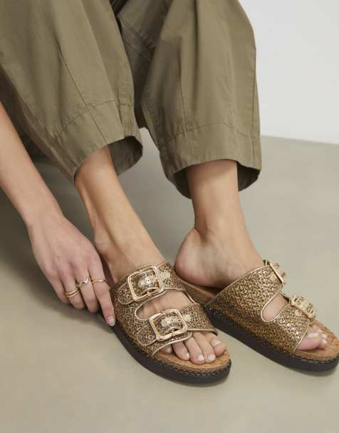 River Island – Sandalen in Gold mit Doppelriemen und Fußbett - view 1