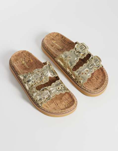 River Island - Sandalen met dubbele bandjes en geschulpt detail in goud - view 1