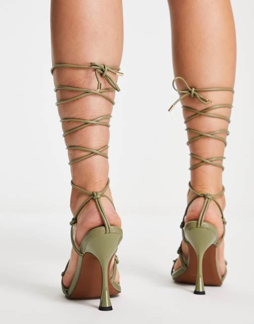 River Island - Sandalen met hak en strikbanden in donker kaki, 4 van 4