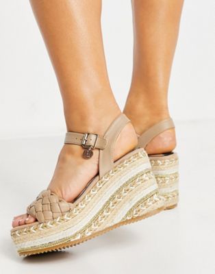River Island woven faux leather espadrilled heeled wedge sandal in beige - ASOS Price Checker