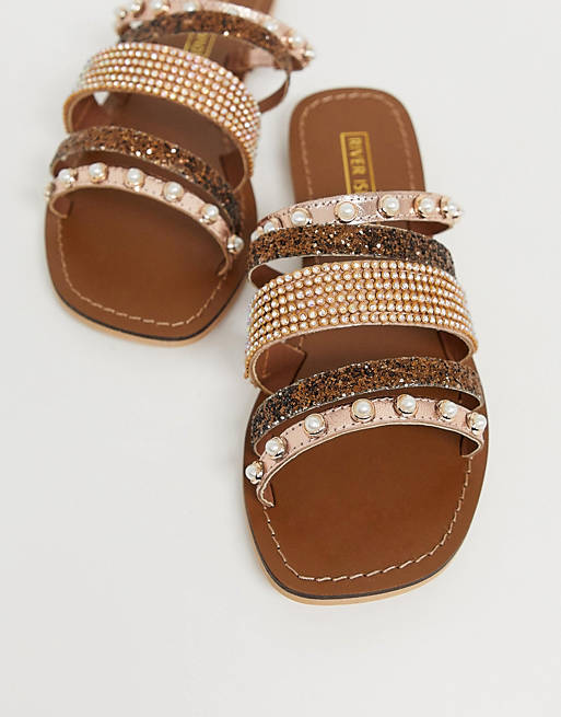 River Island sandals with embellished straps in rose gold