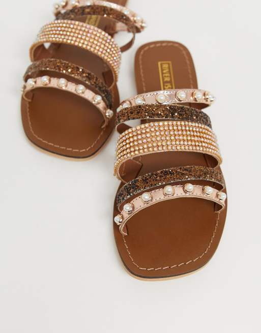 River Island sandals with embellished straps in rose gold | ASOS