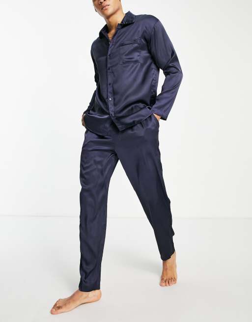 River Island sateen shirt & jogger pyjama set in navy