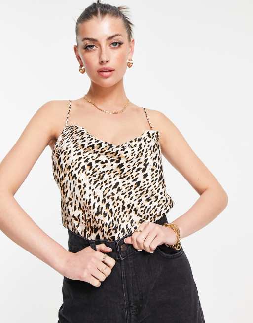 River Island - Satijnen cami met gedrapeerde halslijn met dierenprint in crème