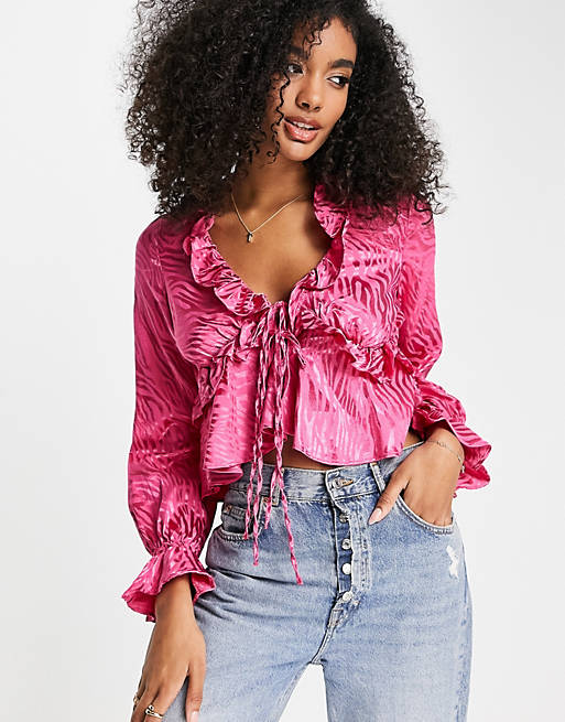 River Island - Satijnen jacquard blouse met striksluiting aan de voorkant in roze