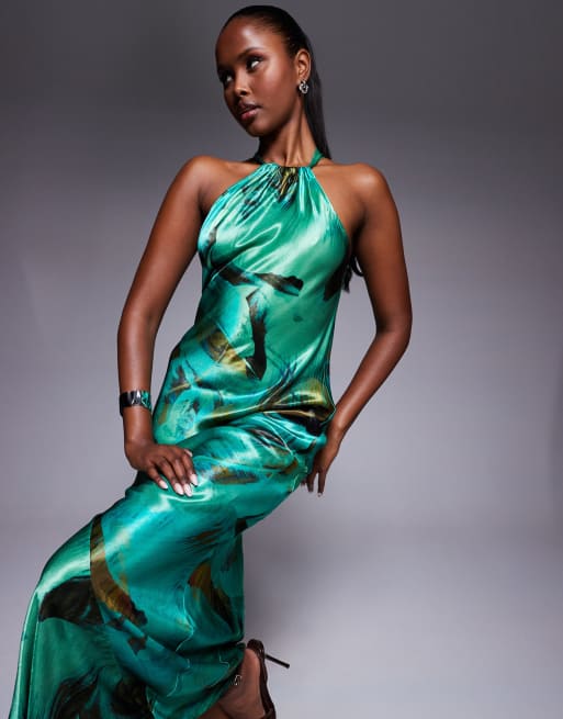 River Island - Satijnen maxi jurk met halternek in groene print, 3 van 4