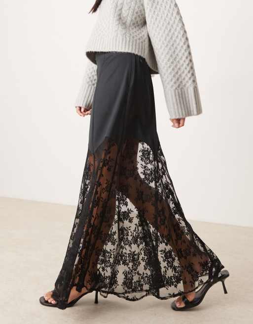 River Island - Satijnen midirok met kanten zoom in zwart, 2 van 5