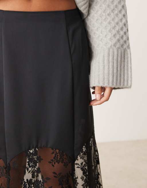 River Island - Satijnen midirok met kanten zoom in zwart, 4 van 5
