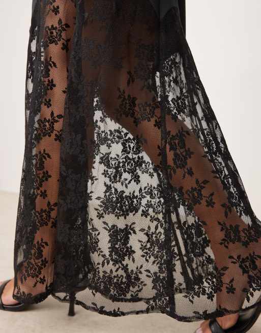 River Island - Satijnen midirok met kanten zoom in zwart, 5 van 5