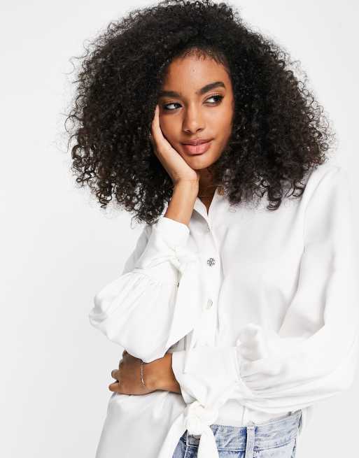 River Island - Satijnen overhemd met gestrikte manchetten in wit