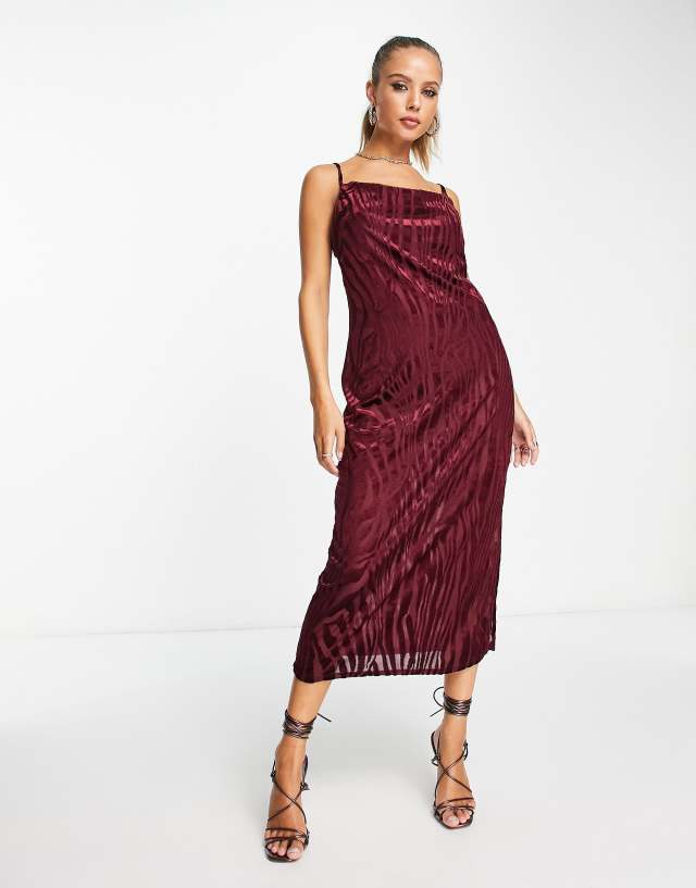 River Island satin animal jacquard slip midi dress in dark red