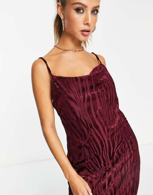 River Island satin animal jacquard slip midi dress in dark red, 3 of 4