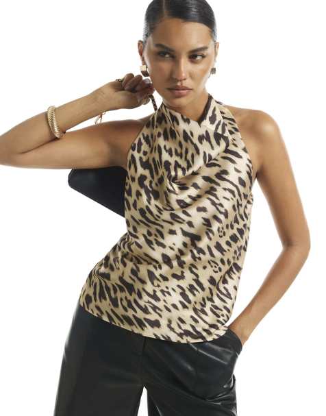 River Island Satin animal print satin halter top in brown - view 1