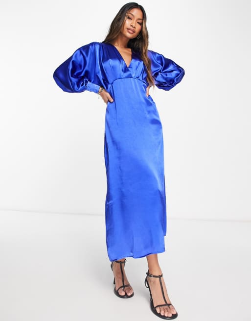 RIVER ISLAND SATIN BATWING SLEEVE MIDI DRESS IN BLUE | ASOS