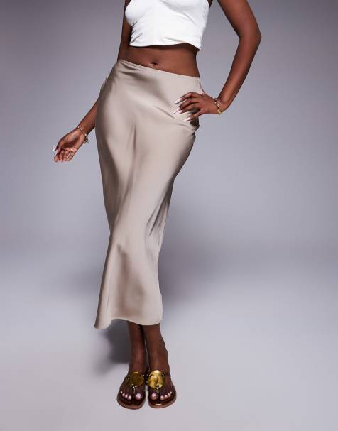 River Island satin bias maxi skirt in beige - view 1