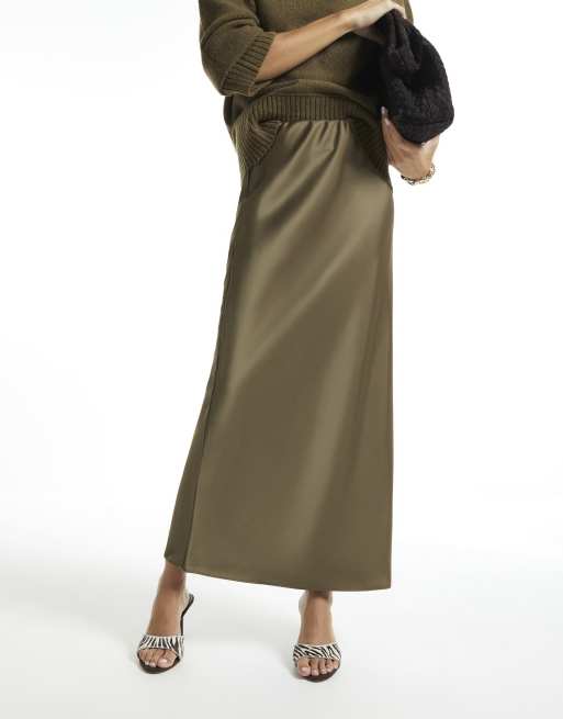 River Island Satin bias maxi skirt in khaki , 3 of 4