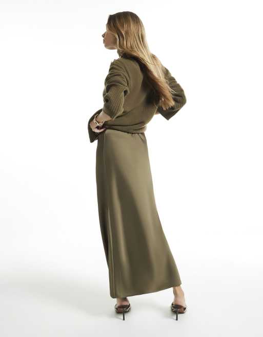 River Island Satin bias maxi skirt in khaki , 4 of 4