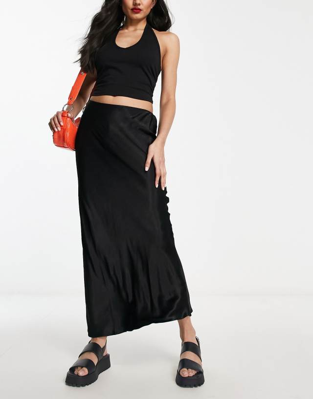 River Island satin bias midi skirt in black