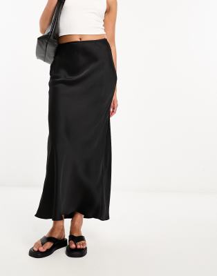 River Island satin bias midi skirt in black