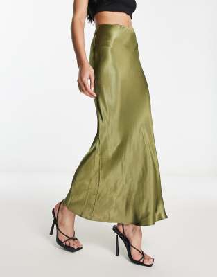 River Island Satin Bias Midi Skirt In Khaki-green