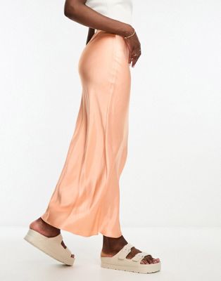 River Island satin bias midi skirt in light orange - ASOS Price Checker
