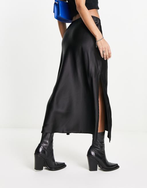 River Island satin bias midi skirt with side slit detail in black, 2 of 4