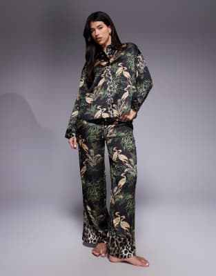 River Island Satin Bird Print Pajama Set In Black