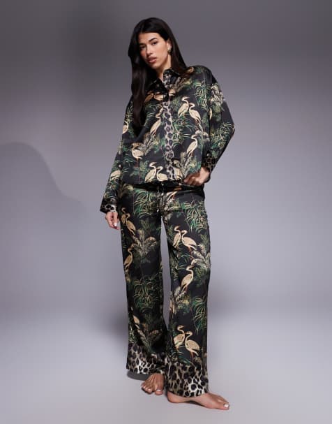 River Island satin bird print pajama set in black - view 1