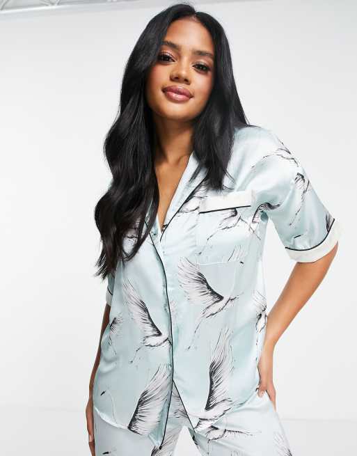 River Island satin bird print pajama shirt in blue part of a set