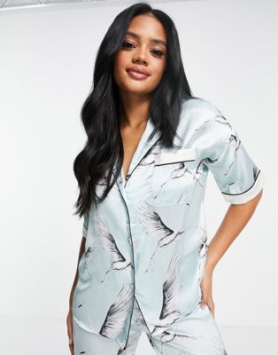 River Island satin bird print pyjama shirt co-ord in blue - ASOS Price Checker