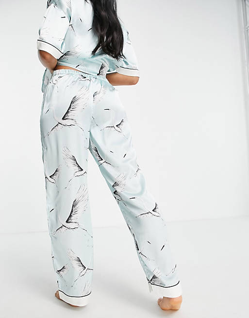 Women River Island satin bird print pyjama trousers co-ord in blue 
