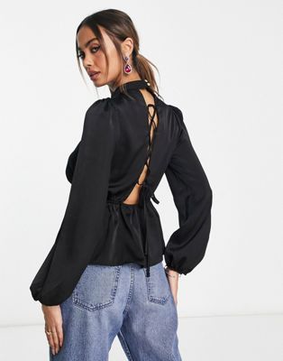 River Island satin blouse with high neck and lace up back detail in black