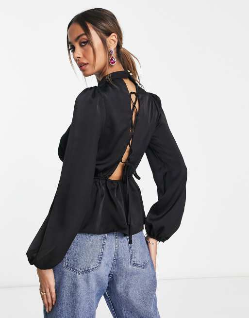 ASOS Long Sleeve Satin Blouse With High Neck And Open Back in