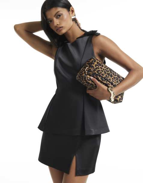 River Island Satin boat neck bow top in black