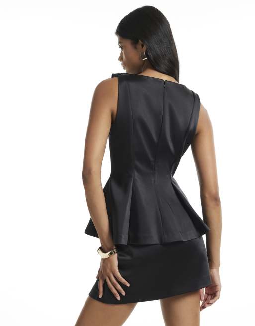 River Island Satin boat neck bow top in black, 4 of 4