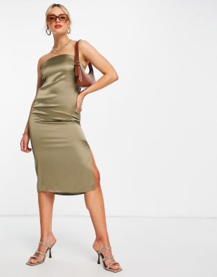 River Island satin body-conscious sleeveless midi dress in khaki-Green