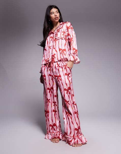 River Island satin bow pyjama set in pink - view 1