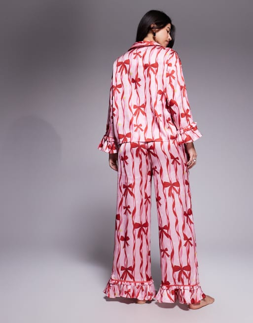 River Island satin bow pyjama set in pink, 2 of 4