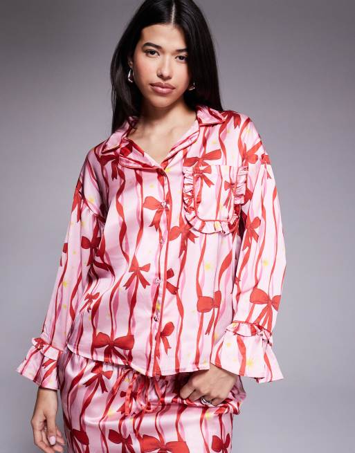 River Island satin bow pyjama set in pink, 3 of 4
