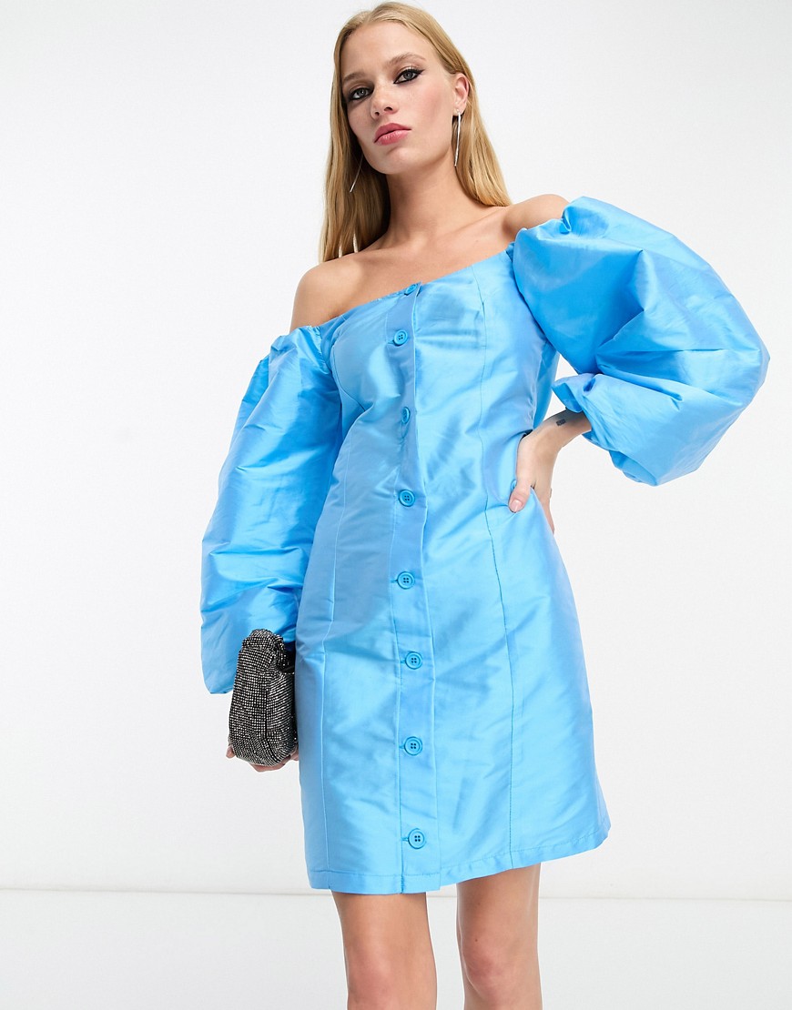 River Island satin button through puff sleeve bardot mini dress in bright blue