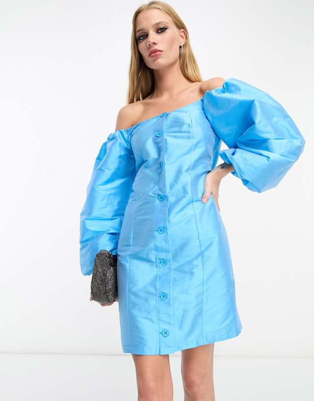 River Island satin button up puff sleeve bardot mini dress in bright blue